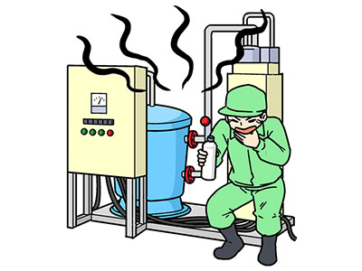大浴場の塩素注入器に薬剤を投入中、塩素ガスが発生し、気道熱傷となり入院