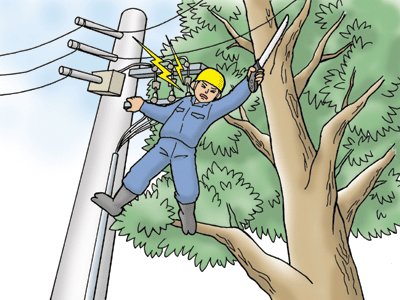 街路樹の枝切り中に、高圧配電線に触れ感電