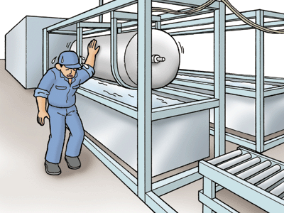 給湯器製造工場において、給湯タンクの漏れ検査作業中の作業者が熱中症にかかる