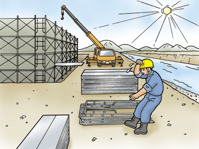 排水処理施設建設工事において、鉄筋組立用足場の解体作業中の作業者が熱中症にかかる