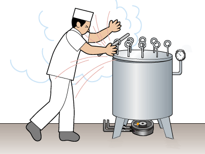 ラーメン店の圧力釜でスープの仕込中、蓋をゆるめたときに蒸気が噴出し熱傷で死亡