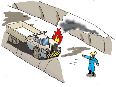 トンネル工事現場において、ダンプトラックが燃える