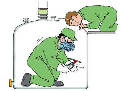 発酵タンクの修理中、アーク溶接の火花がタンク内の可燃性ガス、引火性の物の蒸気に引火、爆発