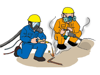 屋外プラントの床を溶断作業中、近くの作業者が金属ヒュームを吸って中毒になる
