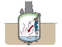 有機溶剤を使用する反応釜に、ビニール袋を落とし、それを取出すため釜内に入った作業者が、トルエンを吸入し中毒