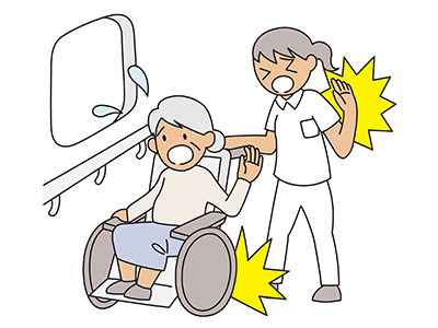 車椅子の利用者を送迎車に乗せる際車椅子が動いたため慌てて介助ブレーキを掛けた時、手を送迎車のガラス窓に強くぶつけて負傷。