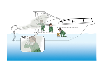 浮桟橋でのモーターボートの船室修理作業中、船室内出入口に滞留した排気ガスで一酸化炭素中毒