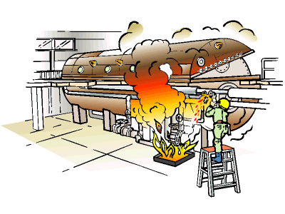 精油所定期修理工事で配管を切断中、火花が落下し、残留物に着火して火災
