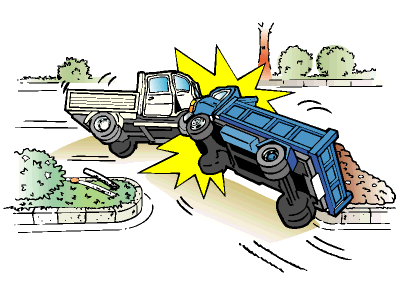 住宅の土盛り用山砂をダンプトラックで運搬中、道路の中央分離帯を飛び越えて対向車に激突