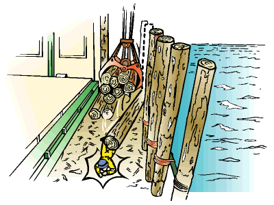 船から移動式クレーンで木材の荷卸し中、荷崩れ防止用のスタンションが倒れ下敷となる
