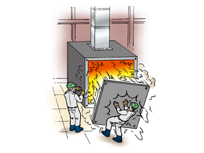 ガス窯のテスト中異常な温度上昇を下げるため炉の扉を開放したときに炉内で爆発し、扉で打たれる