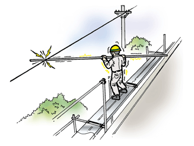わく組み足場上で手すり用の鋼管の取付け作業中、高圧電線に接触し感電