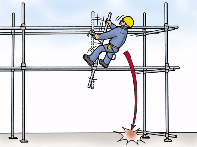 単管パイプで組立ててある工場を解体作業中、単管の水平材から墜落