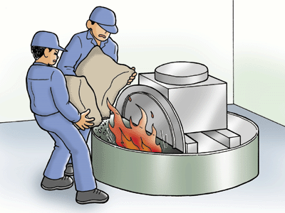 塗料製造タンクに二酸化珪素の微粉末を投入する作業中、溶剤の蒸気に引火して作業者が火傷