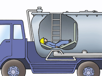 窒素ガスを圧入した後の粉粒体運搬車のタンク内に入り、酸素欠乏症に罹る