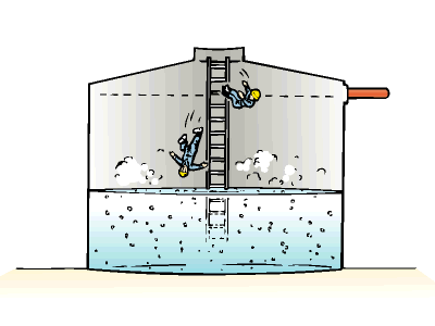 汚水処理装置の中和槽タンク内で作業中、硫化水素中毒