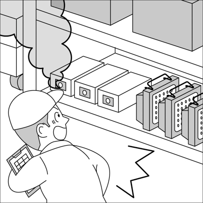 緊急時に使用する投光器のバッテリーから発煙した
