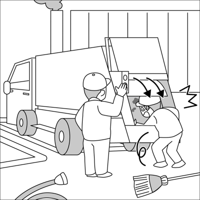 ごみ収集車の清掃中に、回転板に挟まれそうになった